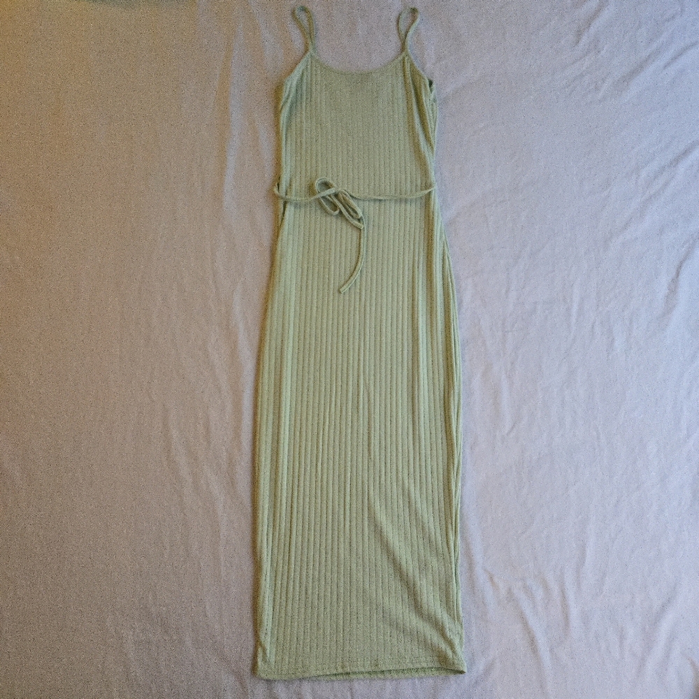 Missguided Pastel Green Tie Belt Ribbed 90s Y2K Spaghetti Strap Cami Dress - Picture 2 of 11